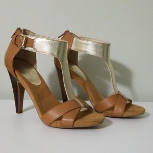 Camel Tan Gold Leather Sandal heels
